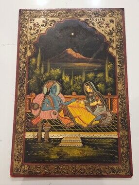 Vintage Radha Krishna Painting Hand Painted Hindu God Godess Framed Water Color